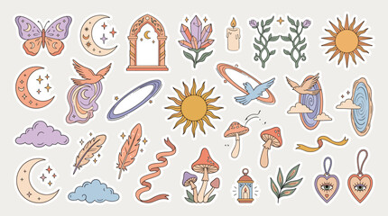 Mystical celestial sticker set with 25 vector elements, bohemian magic icons in pastel colors, esoteric sun and moon illustrations for planner design © DesignAura