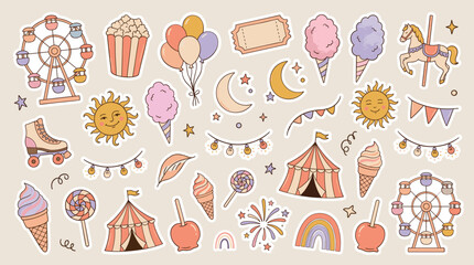 Vintage carnival sticker set, retro amusement park icons in pastel colors, circus fair elements collection, nostalgic festival eps vector © DesignAura