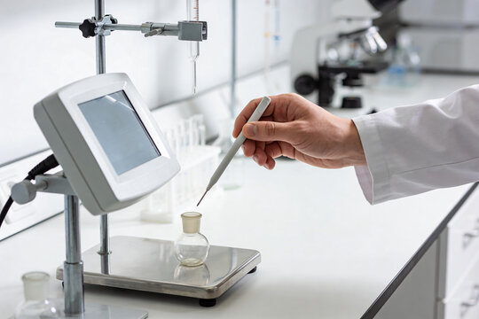 Scientist performing titration experiment with digital scale and laboratory equipment