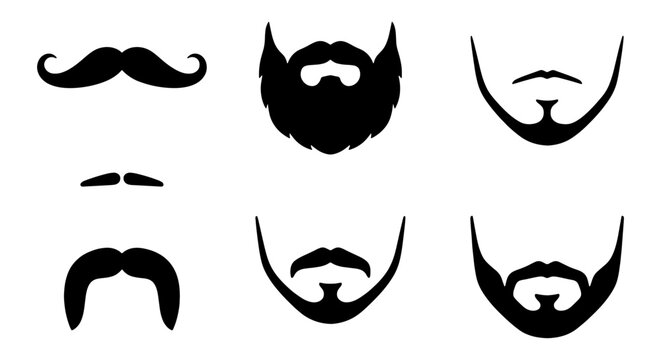 Six Black Vector Icons of Mustaches and Beards, Facial Hair Styles Collection, Grooming and Style Elements