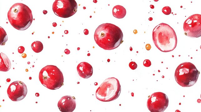 Watercolor painting of cranberries falling on white background.