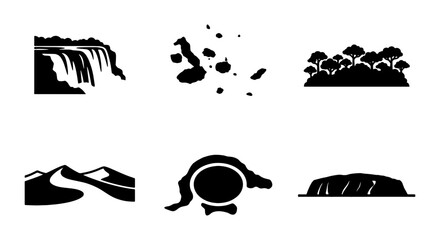 Set of 6 Australian Landmark Icons, Silhouette Vector Graphics for Travel and Nature Themes, Minimalist Black and White Landscape Symbols © Sharif