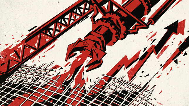 Neo-constructivist vector art of a mechanical claw breaking a grid with lightning arrows
