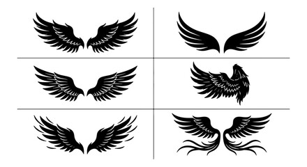 Obraz premium Black Angel Wings Vector Icons Set, Feathered Wing Graphics for Tattoos, Emblems, and Design Elements
