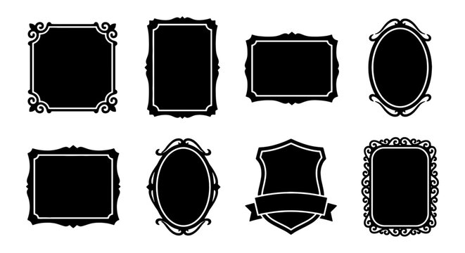 Ornate Vintage Frames Collection, Decorative Black Vector Borders, Elegant Emblem Shapes, Classic Ornamental Vignettes for Design Projects