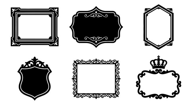 Ornate Decorative Frames Collection, Vintage Style Borders, Elegant Emblems, Set of 6 Black Vector Elements for Design