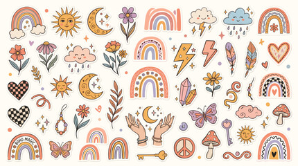 Boho celestial clipart collection, hand drawn mystical rainbow and sun icons, vintage hippie aesthetic stickers, 45 magic celestial vector elements © DesignAura