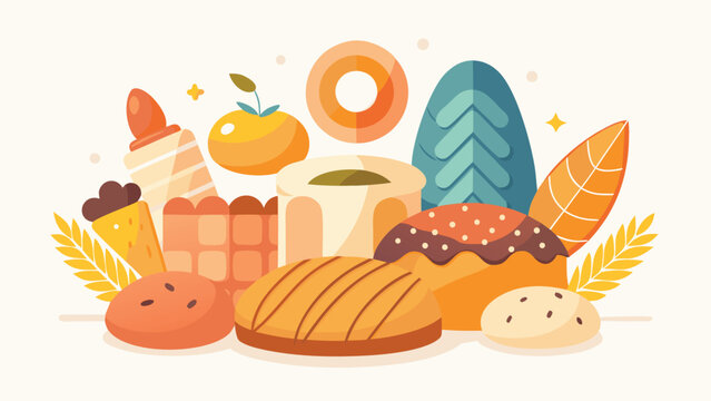 Creative bakery food composition with various breads and sweet pastries