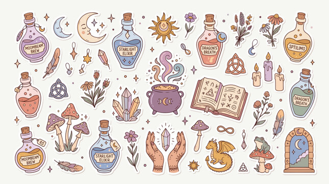 Mystical witchy sticker set with magic potions and crystals, celestial occult vector elements, bohemian alchemy icons for planners and scrapbooking