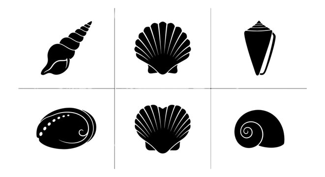 Six Black Silhouette Seashell Icons, Marine Mollusk Collection, Ocean Beach Nautical Design Elements, Vector Art Set