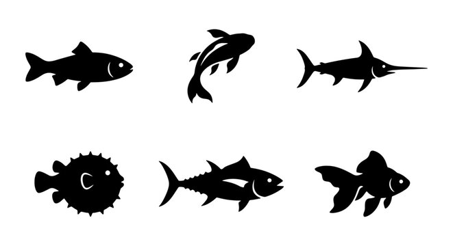 Diverse Fish Silhouettes Collection, Aquatic Life Icons, Marine Animal Vector Graphics, Seafood and Oceanography Elements