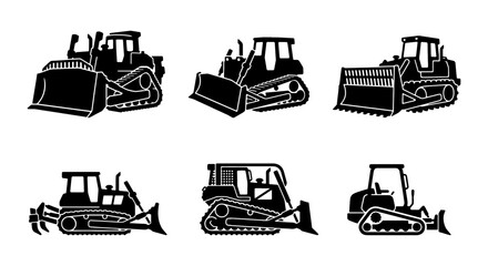 Set of Six Black Silhouette Bulldozer Icons, Construction Vehicle Vector Graphics, Heavy Machinery Illustrations for Industry and Engineering Projects © Rakibul