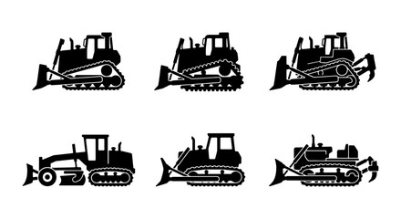 Set of Six Black Silhouette Bulldozer Icons, Construction Vehicle Vector Graphics, Heavy Machinery Illustrations for Industry and Engineering Projects © Rakibul
