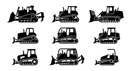 Bulldozer Vector Icons Set, Heavy Construction Equipment Silhouettes, Earthmover Machine Collection for Industry and Building Projects © Rakibul