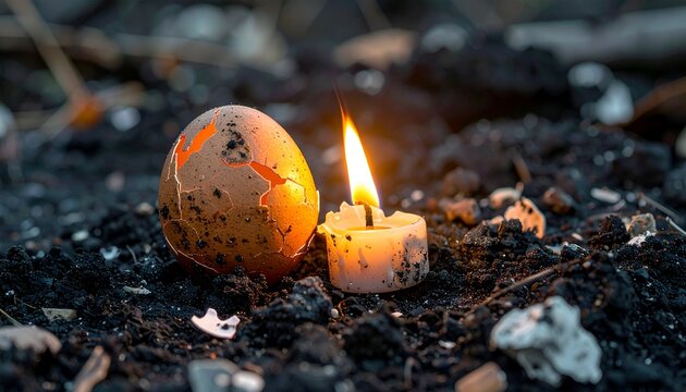 Crackled eggshell and candle in charred earth