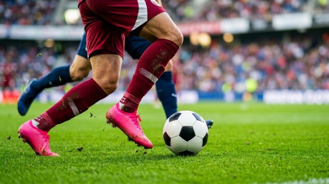banner of soccer game players fighting for football. Professional Soccer Players Competing for Ball on Green Pitch with Wide Copy Space