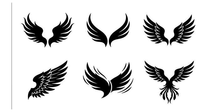 Black Vector Wings Collection, Angelic Feathered Symbols, Heraldic Emblem Elements, Graphic Design Assets for Freedom and Spirit Concepts