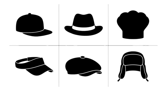Six Black Silhouette Headwear Icons: Baseball Cap, Fedora, Chef Hat, Visor, Flat Cap, Ushanka Hat. Vector Set for Fashion, Uniforms, and Accessories.