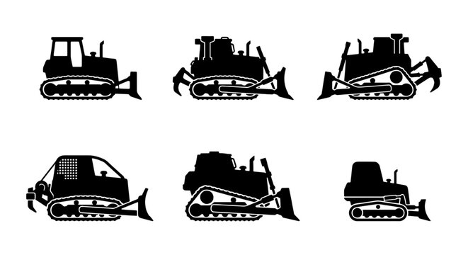 Bulldozer Icons Set, Heavy Construction Equipment Silhouettes, Industrial Machinery Vector Graphics, Earthmover Machine Illustrations