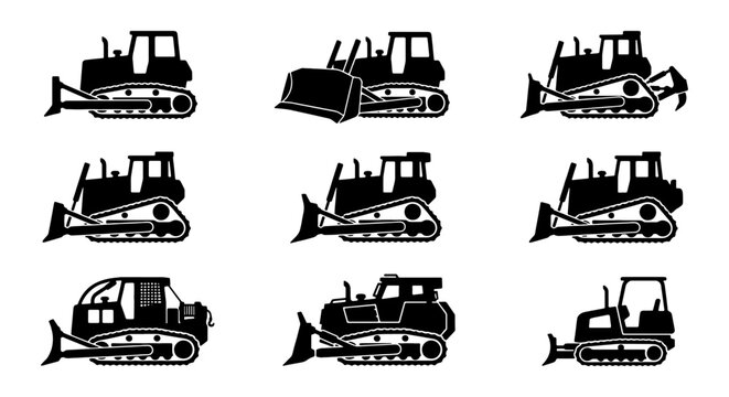 Bulldozer Vector Icons Set, Construction Machinery Silhouettes, Heavy Equipment Illustrations for Industry and Engineering Projects