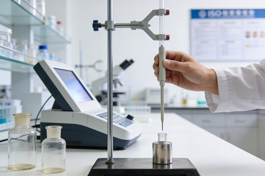 Scientist performing titration experiment with automated equipment in a modern laboratory setting