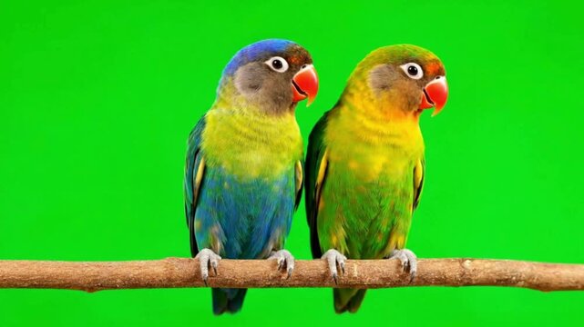 A vibrant pair of lovebirds with colorful plumage perched together on a branch against a green screen background ideal for compositing