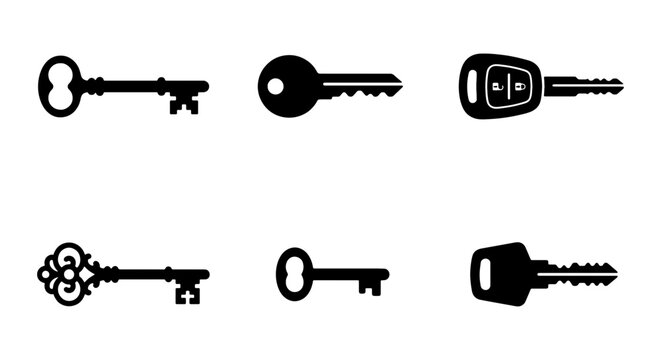 Vintage Skeleton Keys and Modern Car Keys Vector Icons Set, Black Silhouette Collection for Security and Access Concepts