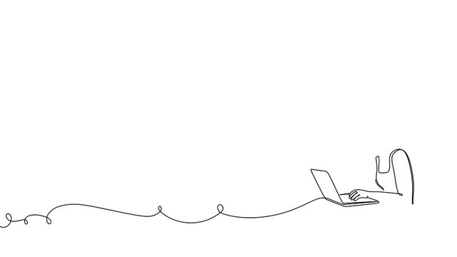 Continuous one line laptop woman computer drawing work desk art. Laptop woman computer outline sketch girl vector worker office customer screen doctor draw healthcare person typing pc businesswoman.