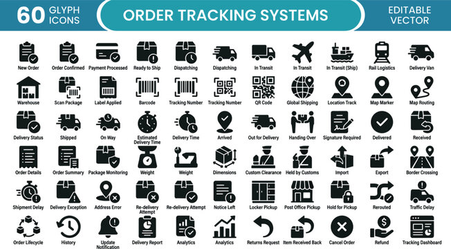 Order tracking systems glyph icon set with shipping delivery logistics and package monitoring symbols for app design