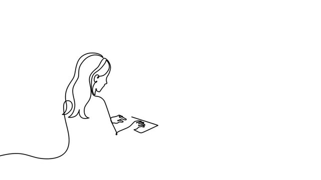 Continuous one line laptop woman computer drawing work desk art. Laptop woman computer outline sketch girl vector worker office customer screen doctor draw healthcare person typing pc businesswoman.