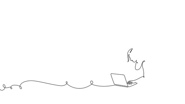 Continuous one line laptop woman computer drawing work desk art. Laptop woman computer outline sketch girl vector worker office customer screen doctor draw healthcare person typing pc businesswoman.