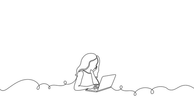 Continuous one line laptop woman computer drawing work desk art. Laptop woman computer outline sketch girl vector worker office customer screen doctor draw healthcare person typing pc businesswoman.