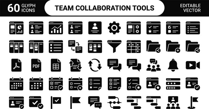 Team collaboration tools glyph icon set with project management communication documents and workflow productivity symbols