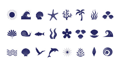 Set of blue vector icons representing beach and ocean elements for design © Sadhin07