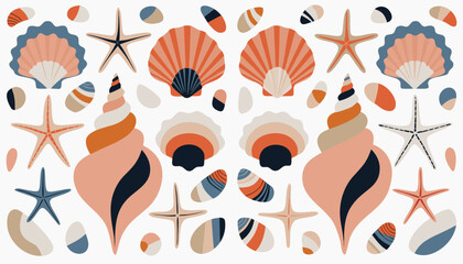 Set of various seashells, starfish, and pebbles vector illustration on white background © Sadhin07