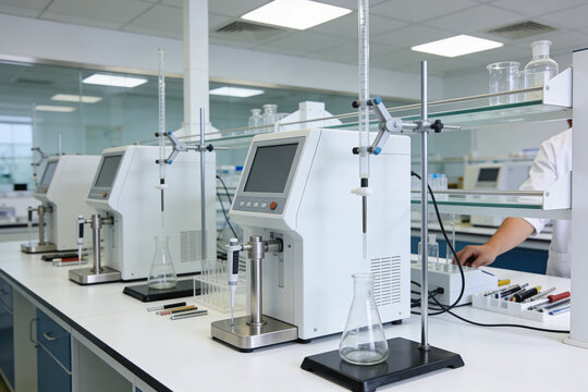 Modern laboratory equipment with automated titrators and glassware for scientific research
