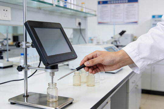 Scientist uses viscometer to measure liquid viscosity in a modern laboratory setting