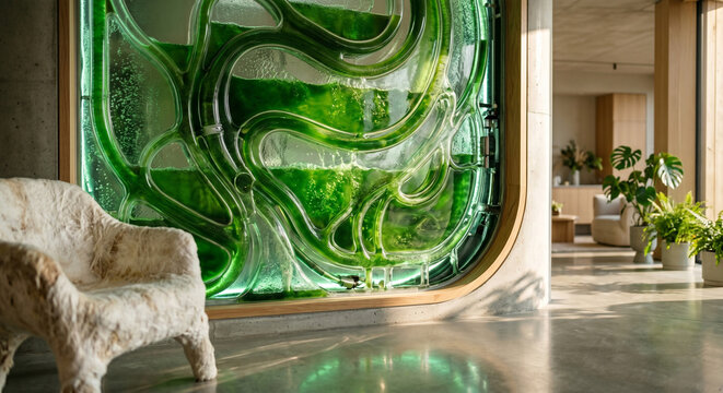 Futuristic sustainable interior featuring a biological algae bioreactor wall providing oxygen and natural bioluminescent light in a modern minimalist eco-home.