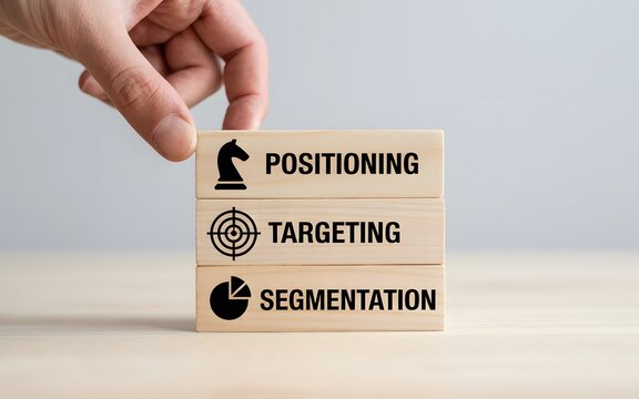 Strategic business planning concept with hand placing wooden blocks labeled Segmentation, Targeting, and Positioning for market success and corporate growth