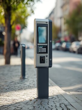 Modern digital parking meter mounted on a pole on a quiet tree lined city street. AI generated image