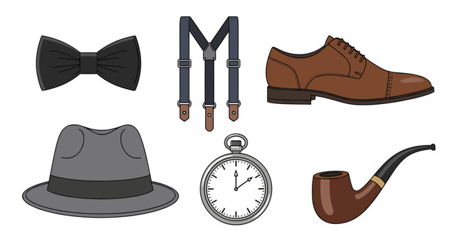 Vintage Gentleman Accessories Collection Including Hat Bowtie Suspenders Shoes Pocket Watch and Pipe