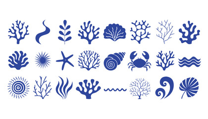 Naklejka premium Large collection of blue silhouette ocean marine life elements on white background