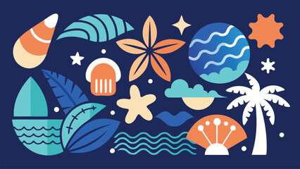 Fototapeta premium Summer beach icons pattern with seashells palm tree and sun decorative elements
