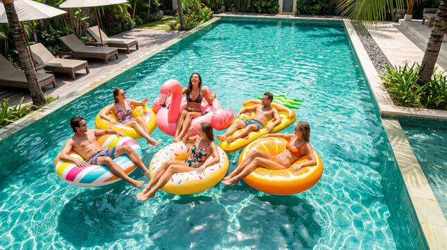 Group of Friends Relax in Pool With Colorful Floaties During Sunny Day Outdoors
