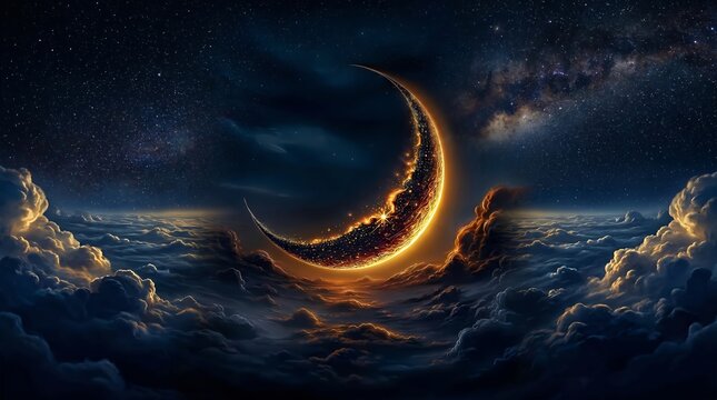 Luminous golden crescent moon suspended above a vast ocean of swirling dark clouds under a starry milky way galaxy for celestial spiritual meditation backgrounds.