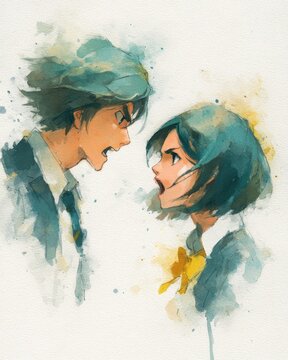 Due persone discutono animatamente in stile anime acquerello, con espressioni intense e gesti accesi su sfondo bianco isolato.