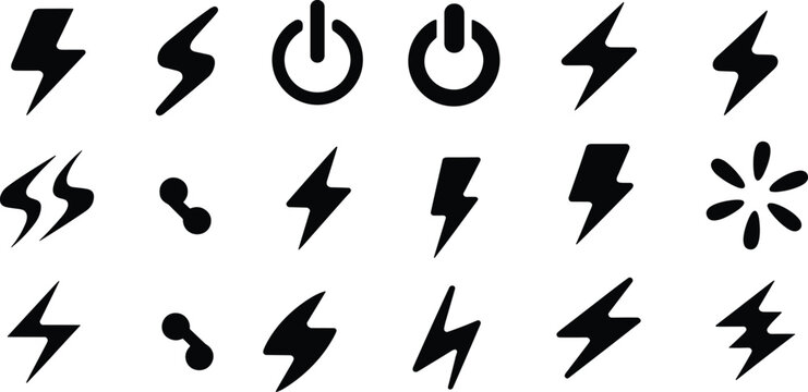 Collection of electricity and power icons with lightning bolts energy symbols and switch buttons isolated on background
