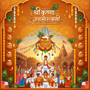 Celebration of Dahi Handi Utsav With People Enjoying Janmashtami in a Festive Setting in India