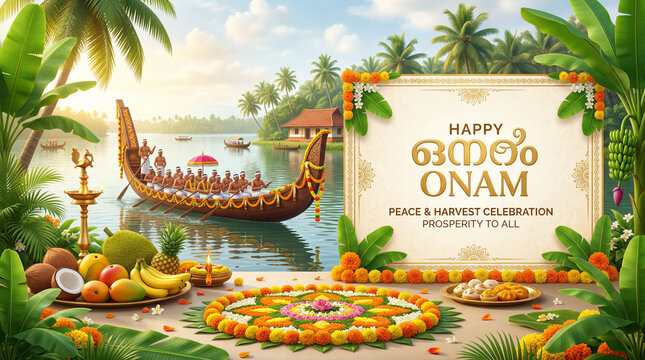 Celebration of Onam With a Boat Race on a River and Offerings on a Banana Leaf