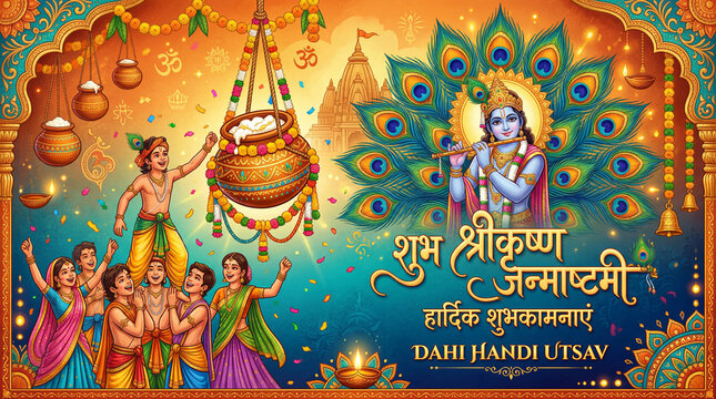 Celebration of Dahi Handi Utsav With People Enjoying Janmashtami in a Festive Setting in India
